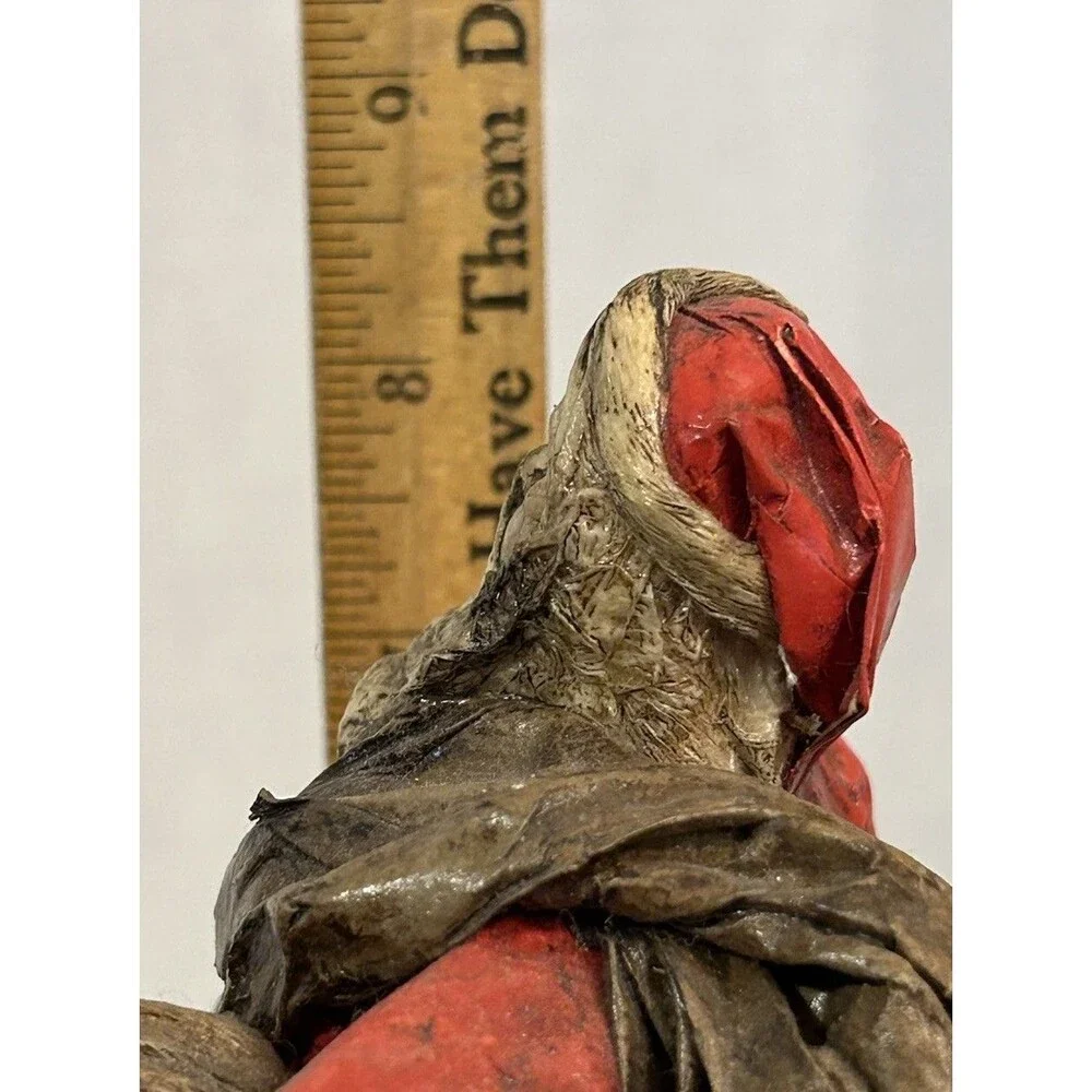 Vintage Folk Art Paper Mache’ Santa Claus Figurine Bell Bag Of Toys 8.5” High